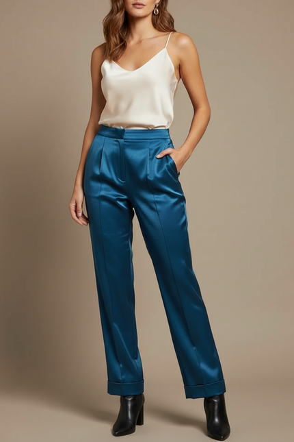 Pantalon À Pince Bleu Canard Satiné Élégant Fluide