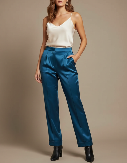 Pantalon À Pince Bleu Canard Satiné Élégant Fluide