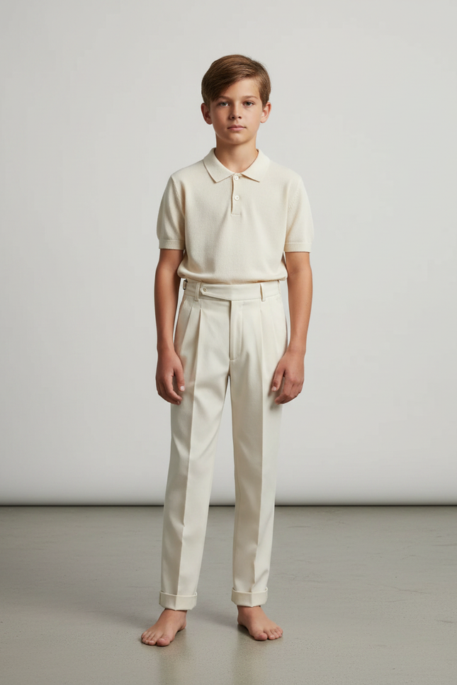 Pantalon À Pince Crème Plissé Droit Élégant Classique - Beige Gabardine