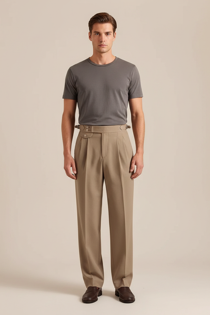 Pantalon À Pince Beige Plissé Laine Coupe Droite Homme
