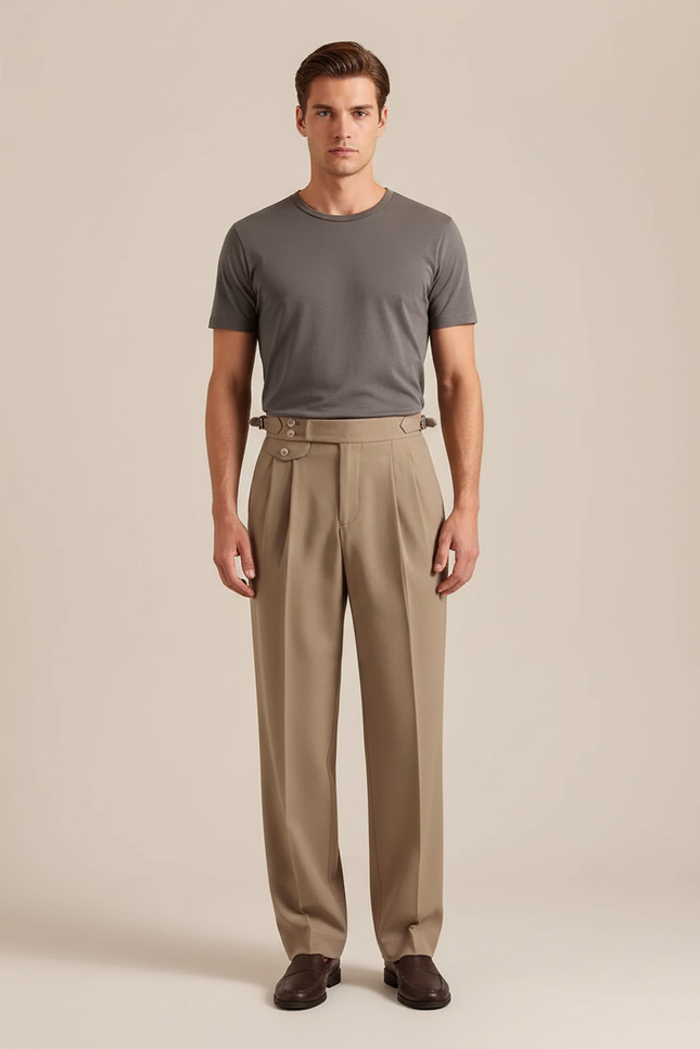 Pantalon À Pince Beige Plissé Laine Coupe Droite Homme