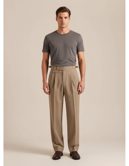 Pantalon À Pince Beige Plissé Laine Coupe Droite Homme