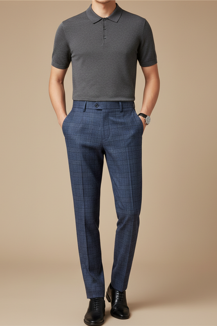 Pantalon À Pince Bleu Carreaux Slim Élégant Homme - Laine