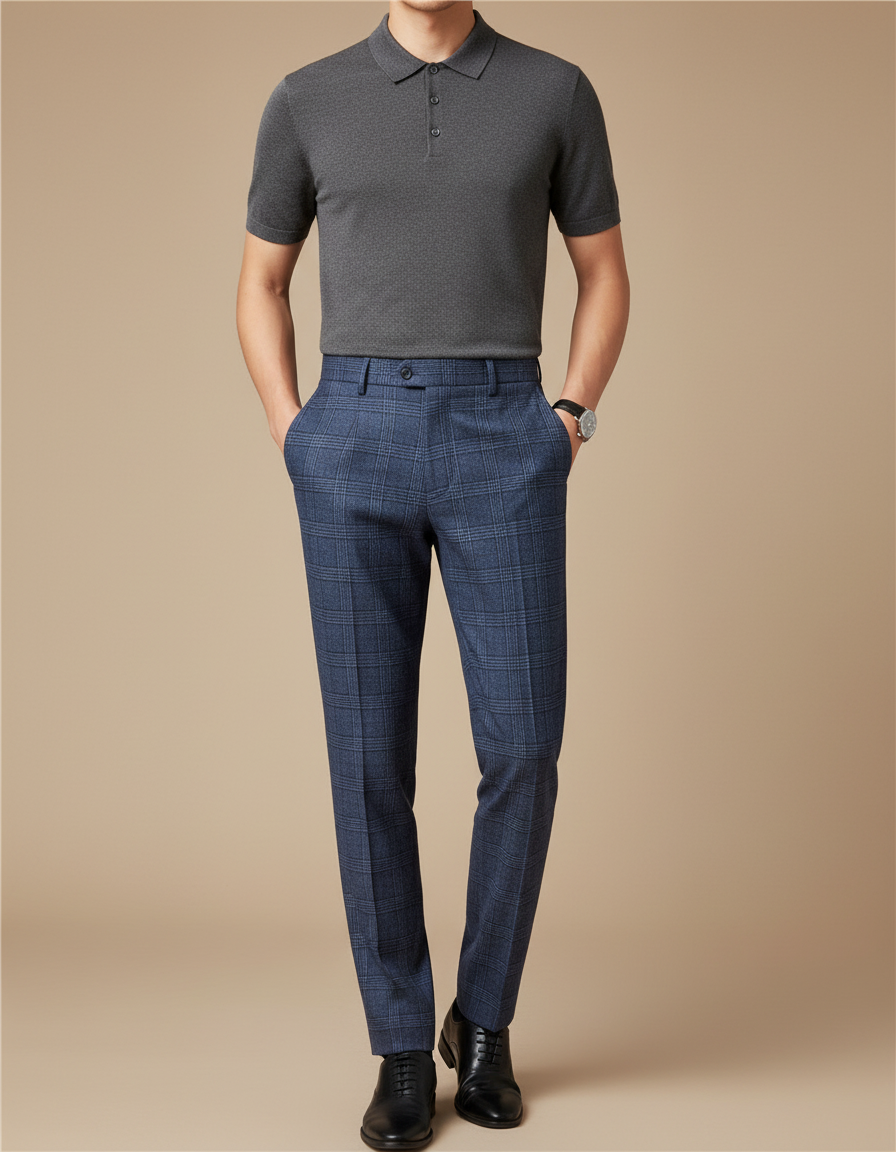 Pantalon À Pince Bleu Carreaux Slim Élégant Homme - Laine