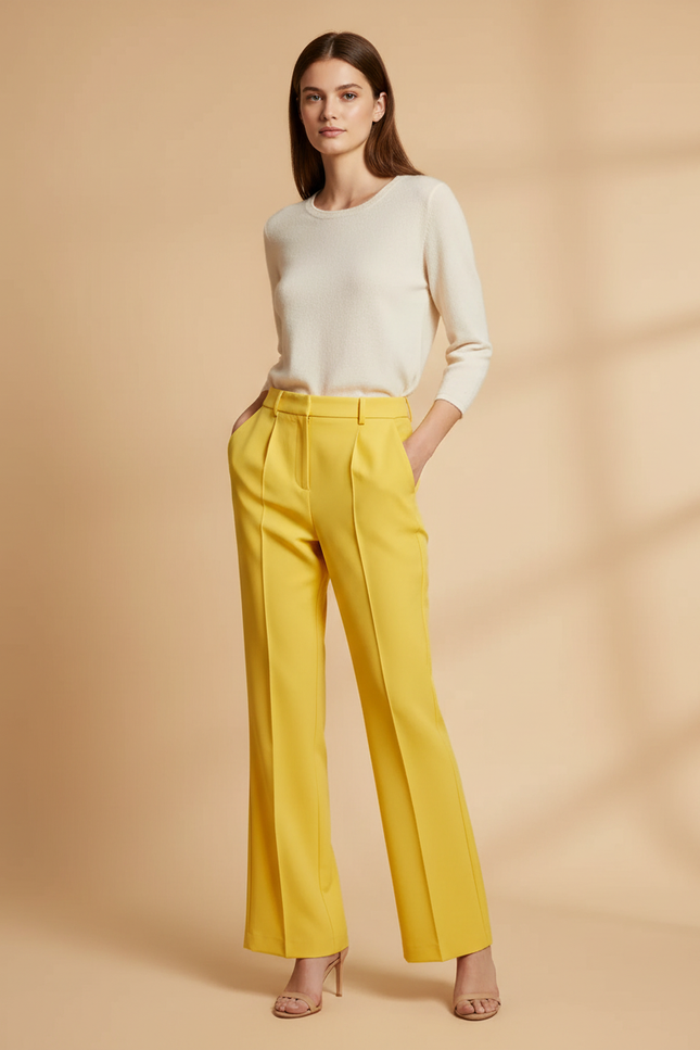 Pantalon À Pince Jaune Taille Haute Droit Élégant Femme - Gabardine