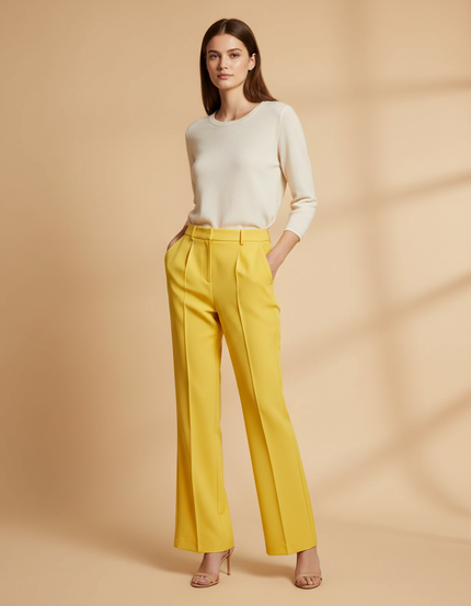 Pantalon À Pince Jaune Taille Haute Droit Élégant Femme - Gabardine