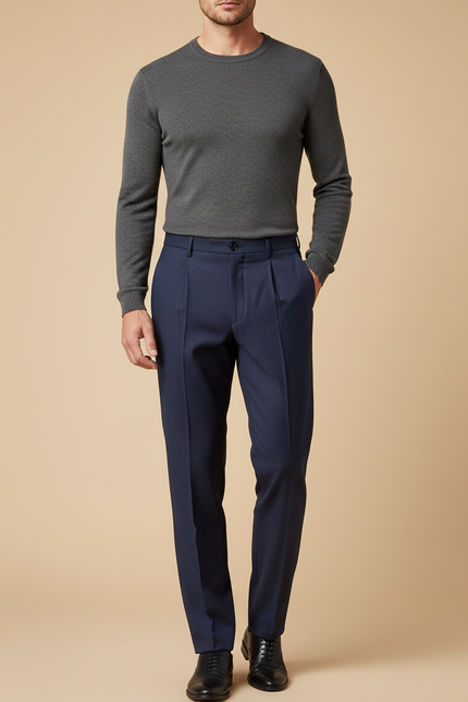 Pantalon À Pince Bleu Marine Plissé Homme Élégant - Gabardine
