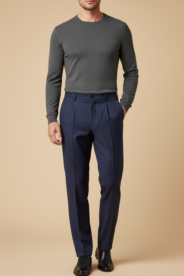 Pantalon À Pince Bleu Marine Plissé Homme Élégant - Gabardine
