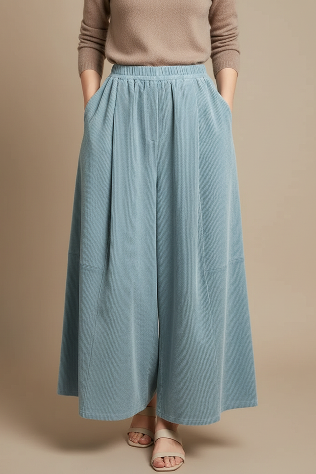 Pantalon À Pince Bleu Côtelé Ample Décontracté Femme - Cordé