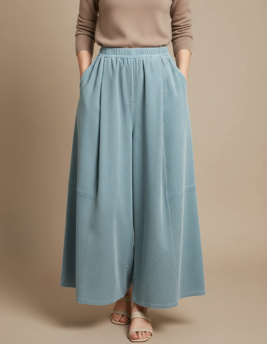 Pantalon À Pince Bleu Côtelé Ample Décontracté Femme - Cordé