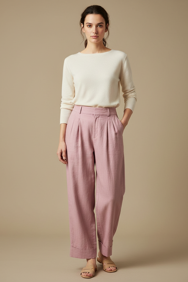Pantalon À Pince Rose Ample Lin Coton Fluide
