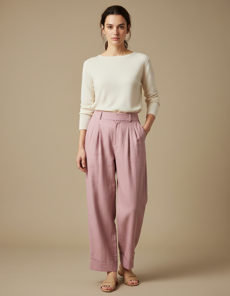 Pantalon À Pince Rose Ample Lin Coton Fluide
