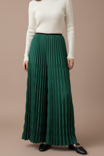 Pantalon À Pince Plissé Vert Émeraude Ample Chic - Polyester