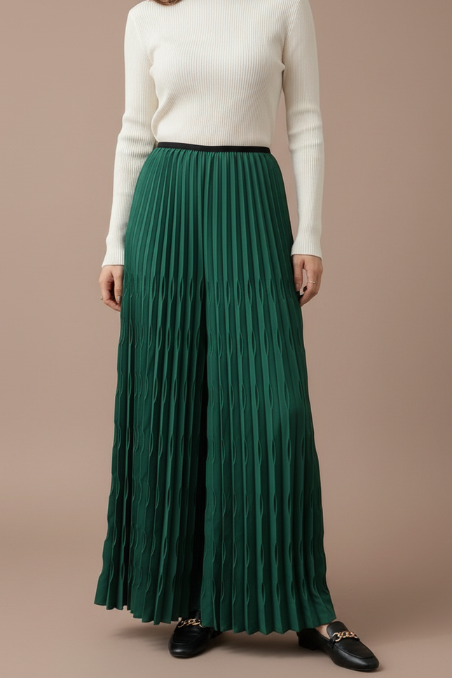 Pantalon À Pince Plissé Vert Émeraude Ample Chic - Polyester