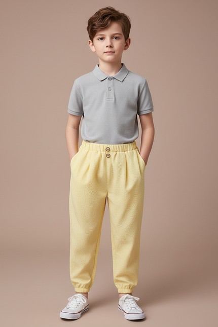 Pantalon À Pince Jaune Texturé Ample Enfant Décontracté - Coton