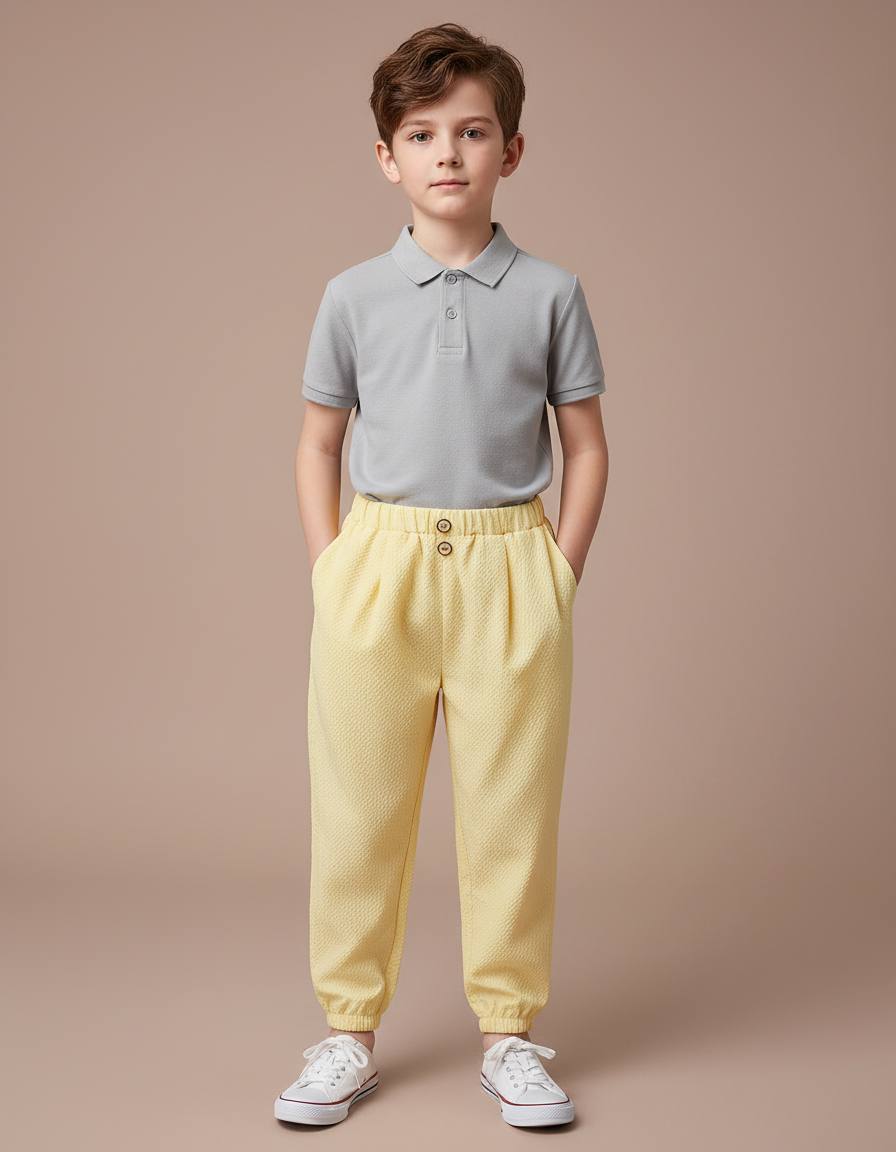 Pantalon À Pince Jaune Texturé Ample Enfant Décontracté - Coton