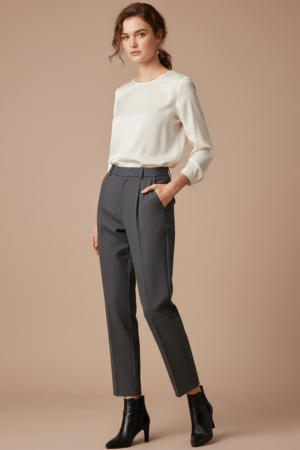 Pantalon À Pince Gris Foncé Élégant Taille Haute Slim - Gabardine
