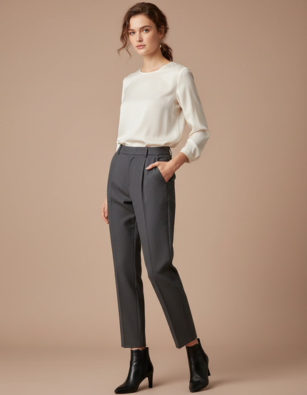 Pantalon À Pince Gris Foncé Élégant Taille Haute Slim - Gabardine