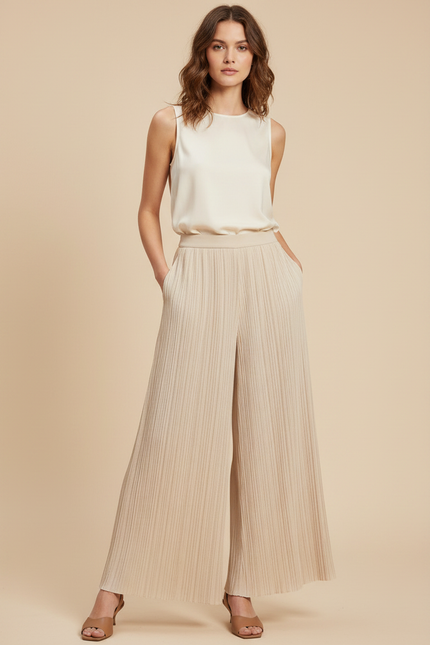 Pantalon À Pince Plissé Ample Beige Fluide Chic - Polyester