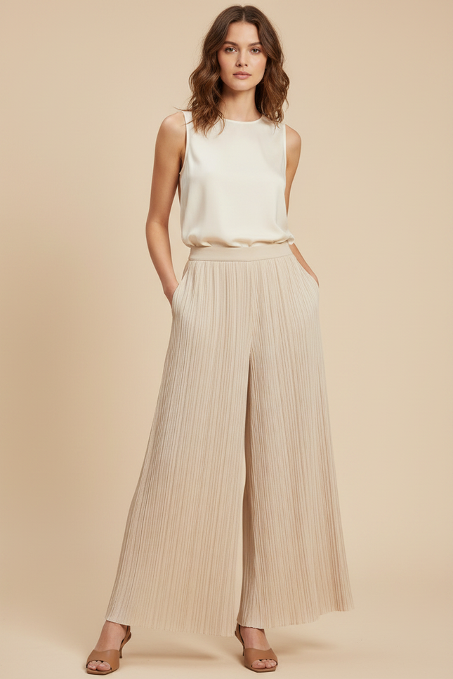 Pantalon À Pince Plissé Ample Beige Fluide Chic - Polyester