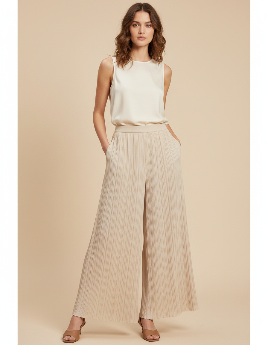 Pantalon À Pince Plissé Ample Beige Fluide Chic - Polyester