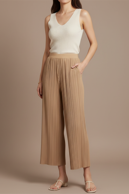 Pantalon À Pince Plissé Fluide Beige Ample Élégant - Polyester