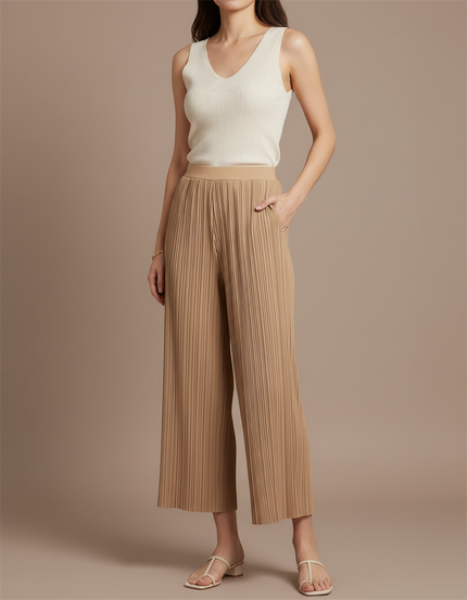 Pantalon À Pince Plissé Fluide Beige Ample Élégant - Polyester