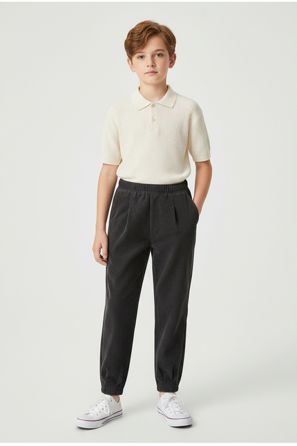 Pantalon À Pince Gris Côtelé Ample Décontracté Enfant - Cordé