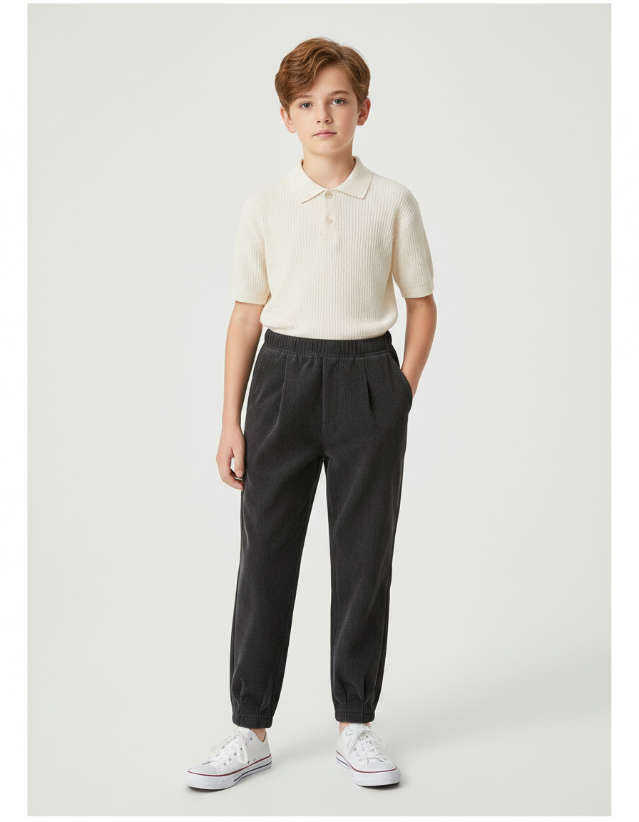 Pantalon À Pince Gris Côtelé Ample Décontracté Enfant - Cordé