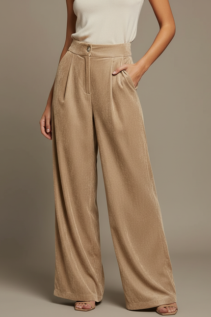 Pantalon À Pince Velours Ample Beige Élégant Femme