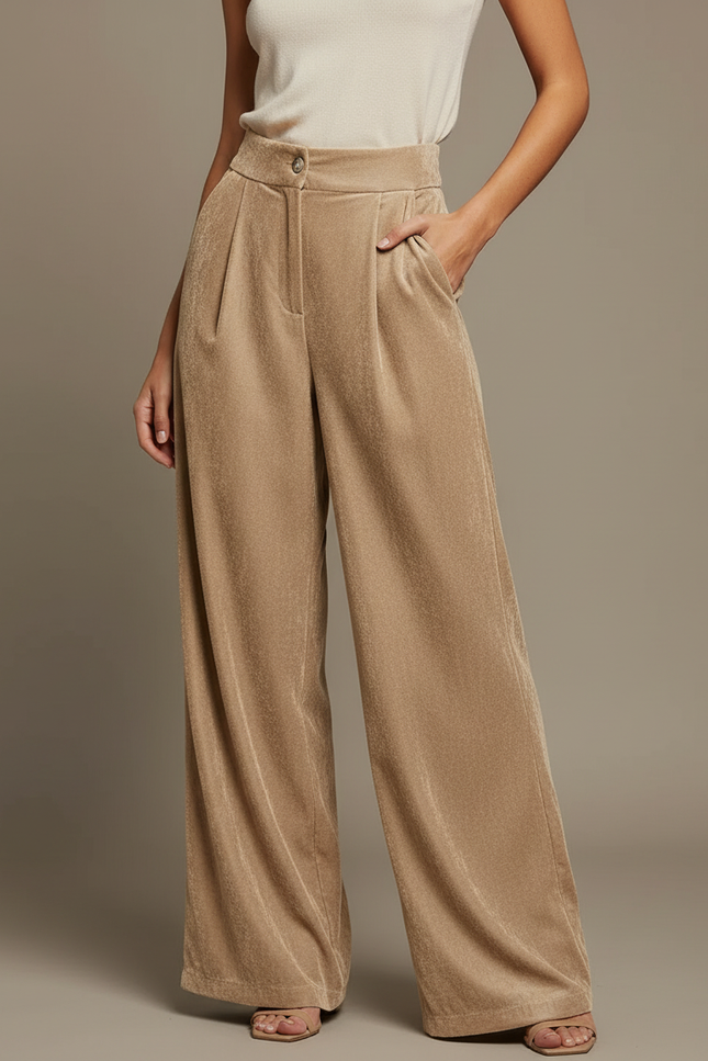 Pantalon À Pince Velours Ample Beige Élégant Femme