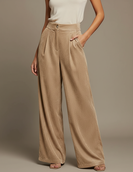 Pantalon À Pince Velours Ample Beige Élégant Femme