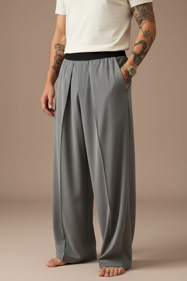 Pantalon À Pince Gris Large Fluide Homme Élégant - Polyester