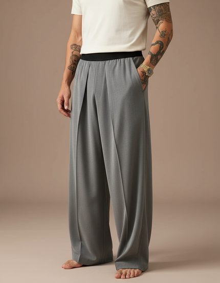 Pantalon À Pince Gris Large Fluide Homme Élégant - Polyester