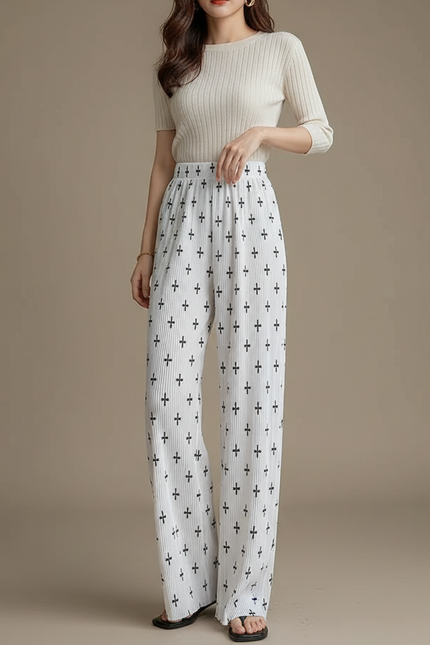 Pantalon À Pince Blanc Plissé Motif Croix Fluide - Polyester