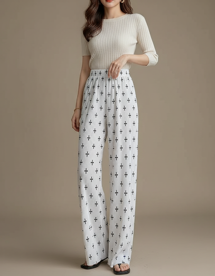 Pantalon À Pince Blanc Plissé Motif Croix Fluide - Polyester