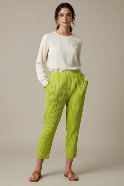 Pantalon À Pince Plissé Vert Acide Cheville Décontracté - Polyester