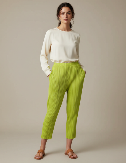 Pantalon À Pince Plissé Vert Acide Cheville Décontracté - Polyester