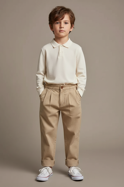 Pantalon À Pince Beige Plissé Ample Décontracté Enfant - Gabardine