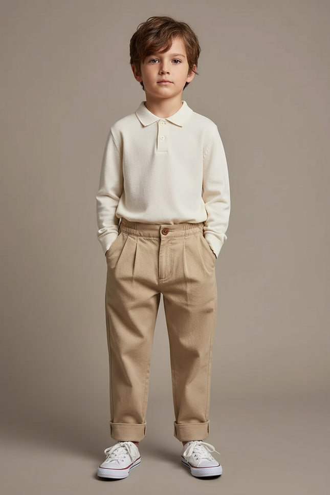 Pantalon À Pince Beige Plissé Ample Décontracté Enfant - Gabardine