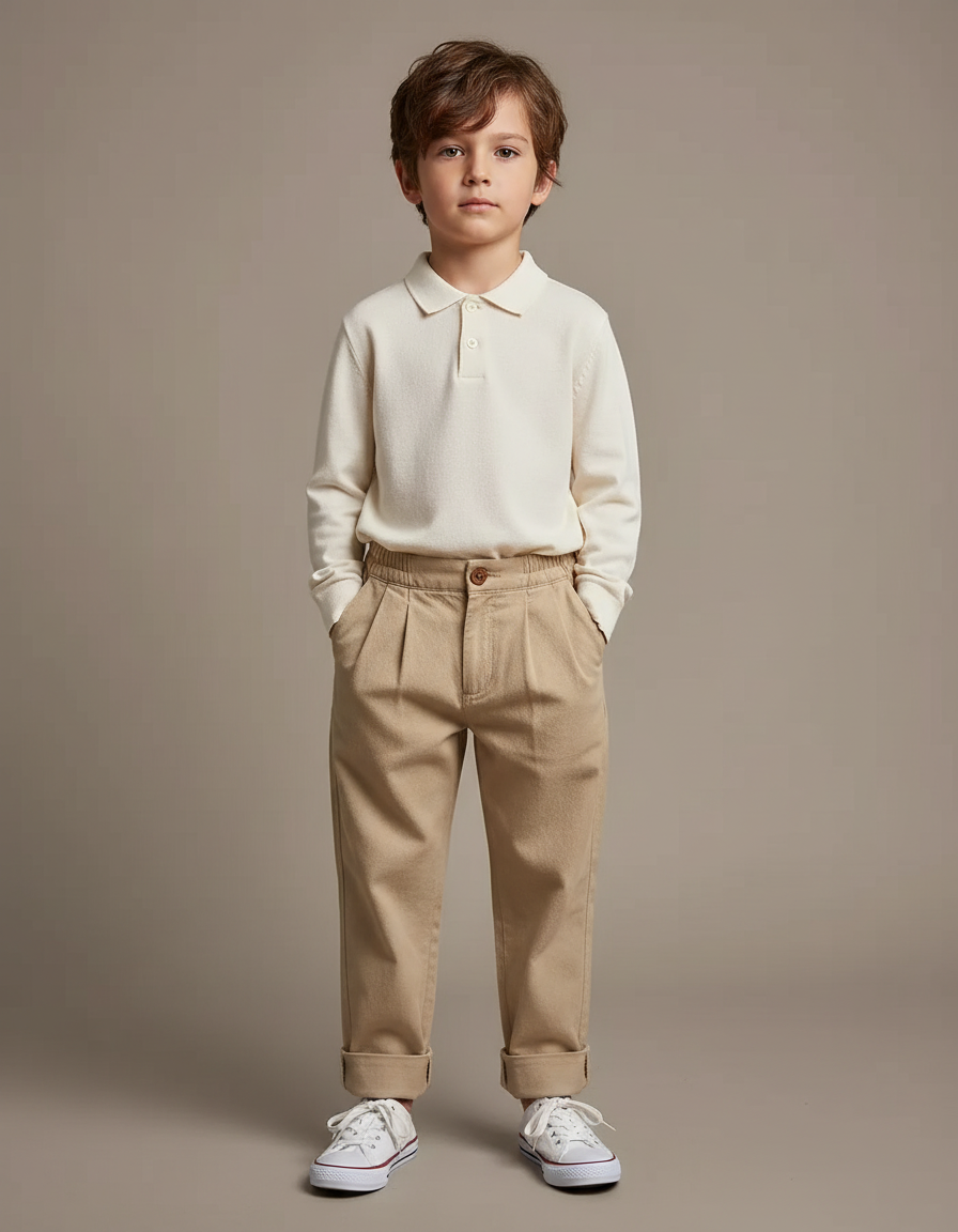 Pantalon À Pince Beige Plissé Ample Décontracté Enfant - Gabardine