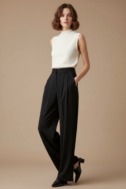 Pantalon À Pince Noir Fluide Plissé Décontracté Femme - Polyester