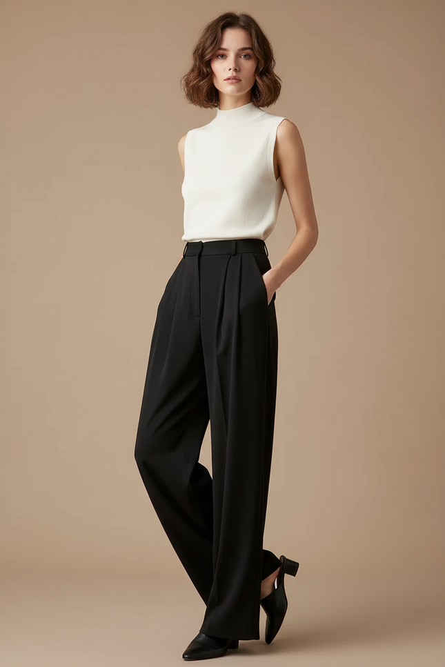 Pantalon À Pince Noir Fluide Plissé Décontracté Femme - Polyester