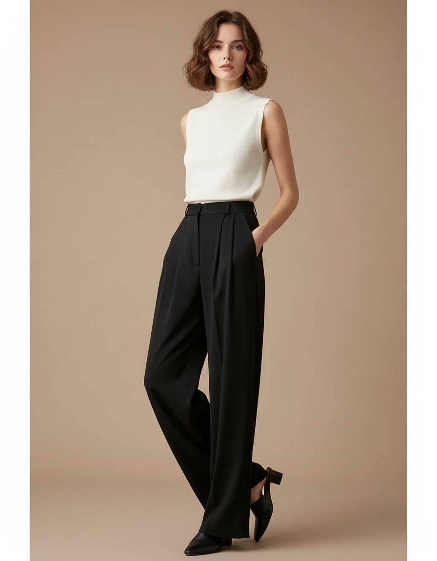 Pantalon À Pince Noir Fluide Plissé Décontracté Femme - Polyester