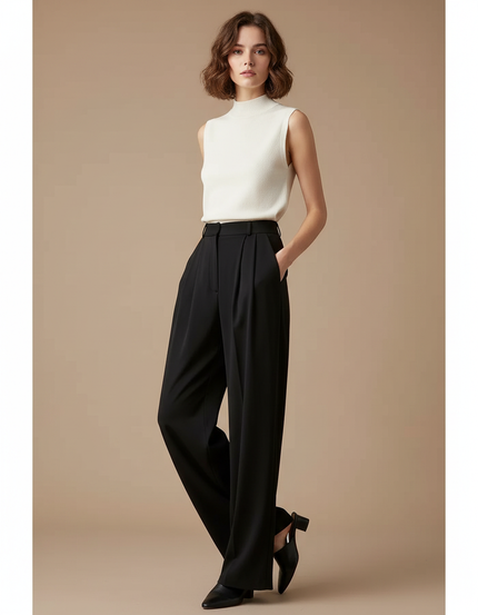 Pantalon À Pince Noir Fluide Plissé Décontracté Femme - Polyester