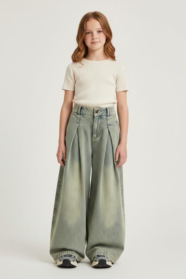 Pantalon À Pince Denim Plissé Ample Dégradé Fille - Vert Jean