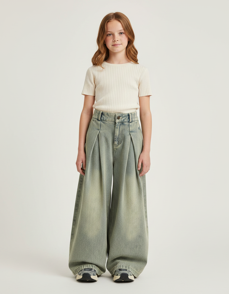 Pantalon À Pince Denim Plissé Ample Dégradé Fille - Vert Jean
