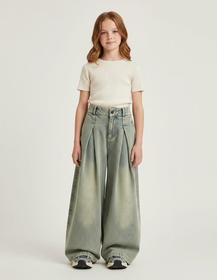 Pantalon À Pince Denim Plissé Ample Dégradé Fille - Vert Jean