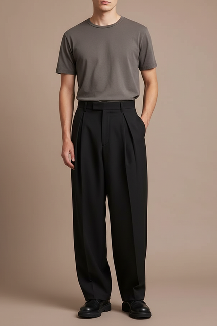 Pantalon À Pince Noir Ample Plissé Décontracté Homme - Gabardine