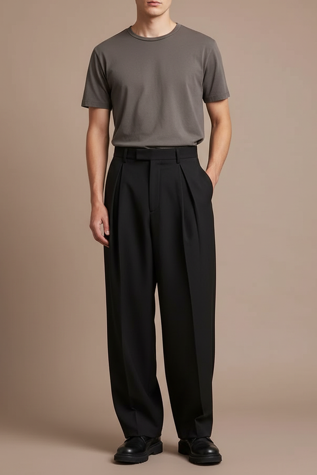 Pantalon À Pince Noir Ample Plissé Décontracté Homme - Gabardine